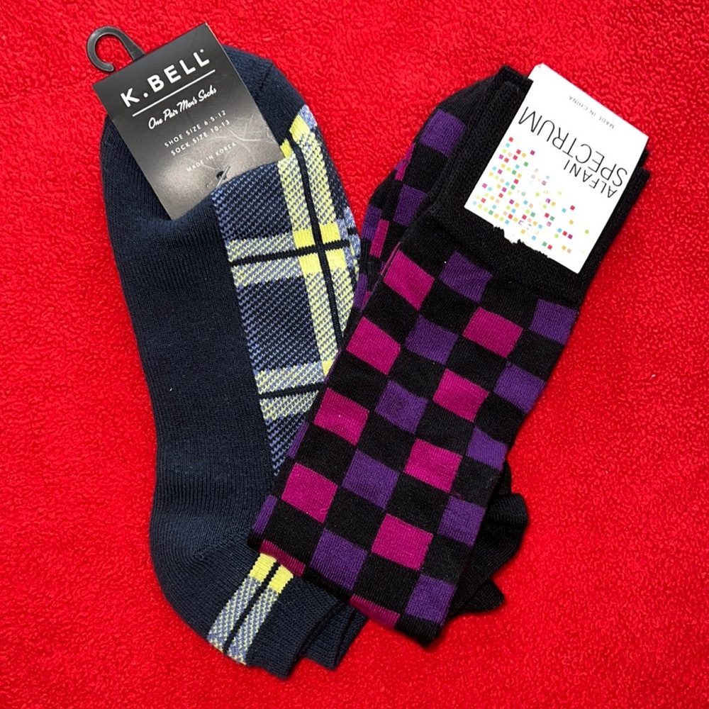 2 pairs of socks for the price of one. ALFANI, and K. BELL plaid socks.